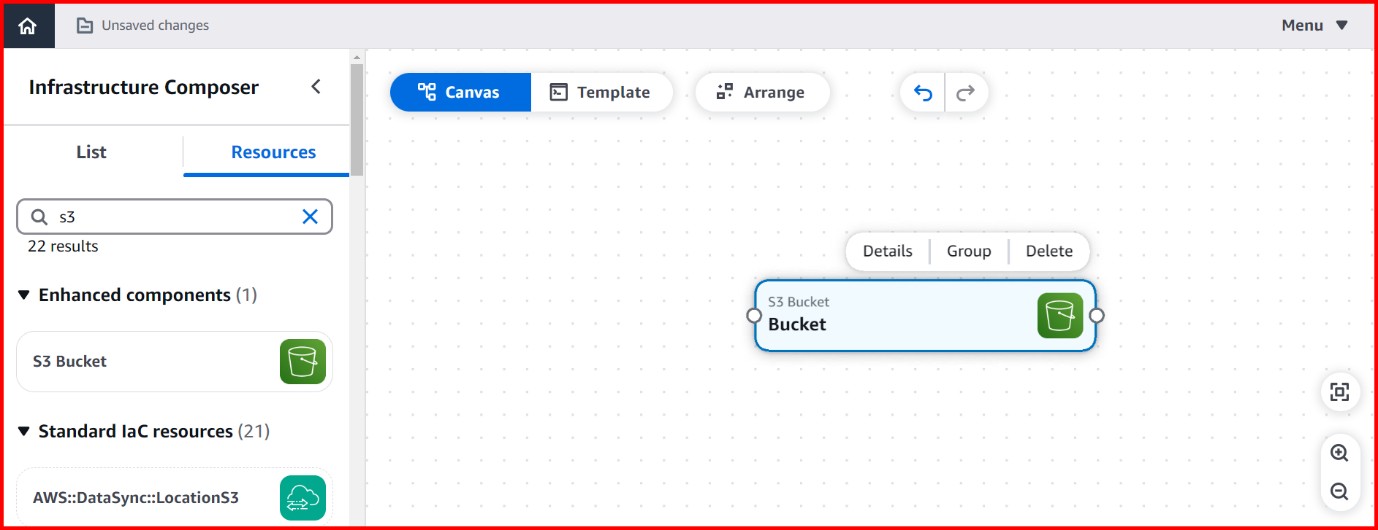 Picture showing the S3 bucket service is dragged on the canvas